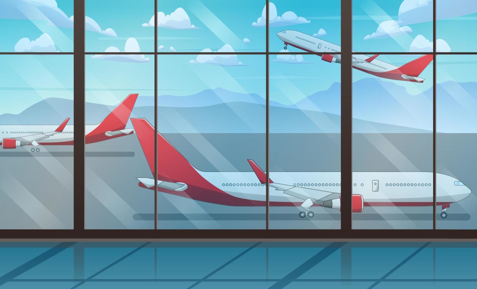 una habitación con paredes de vidrio y un avión volador fuera de la ventana vector