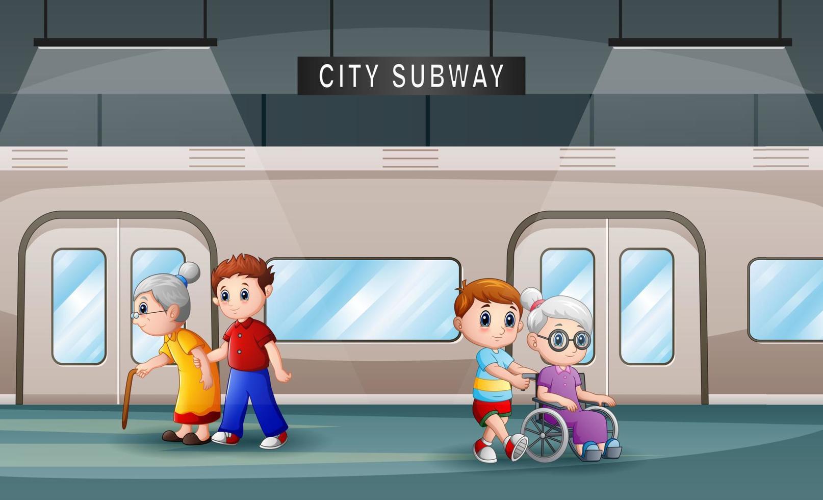 Subway platform scene with the passengers at the station vector