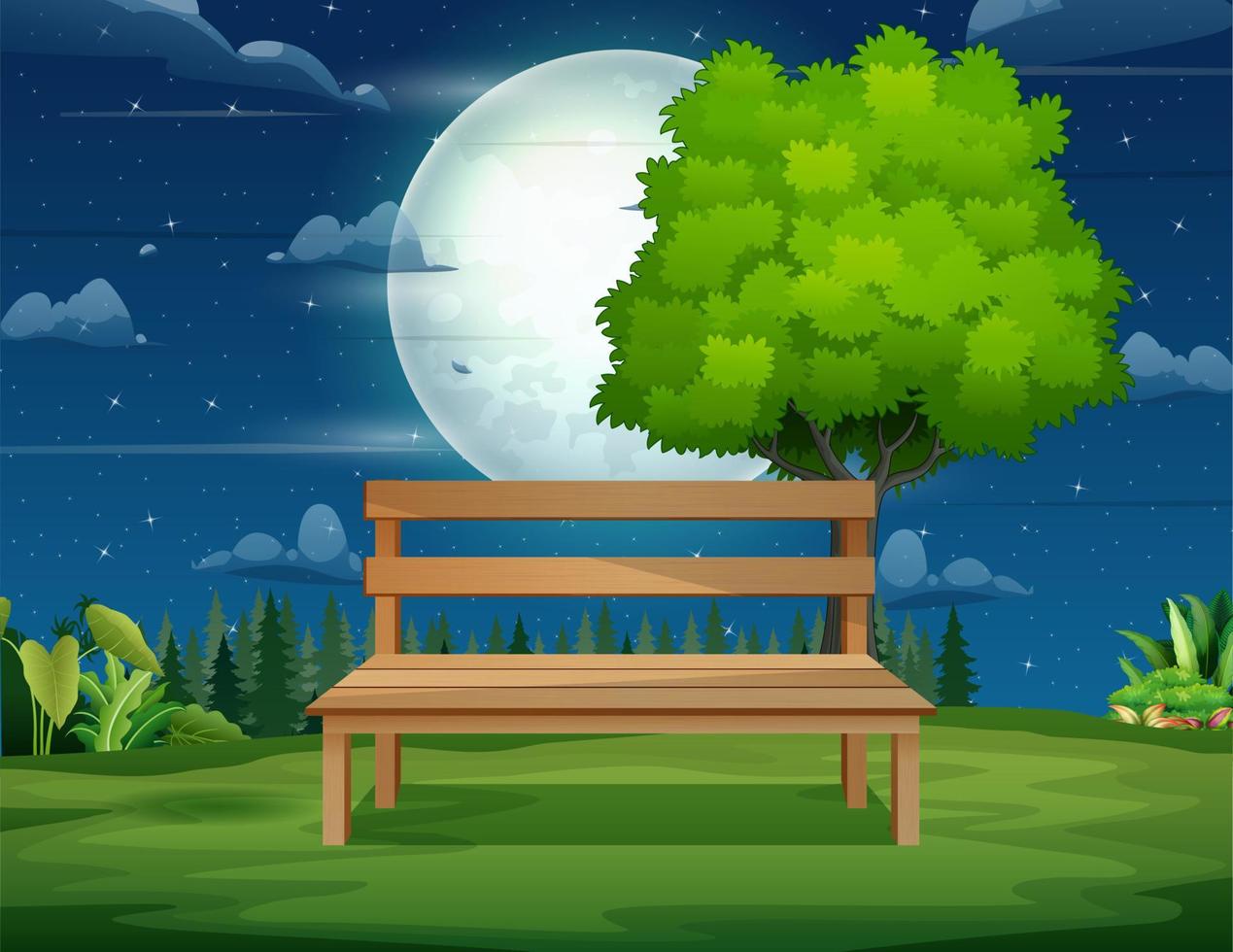 un banco de madera y un árbol en el paisaje nocturno vector