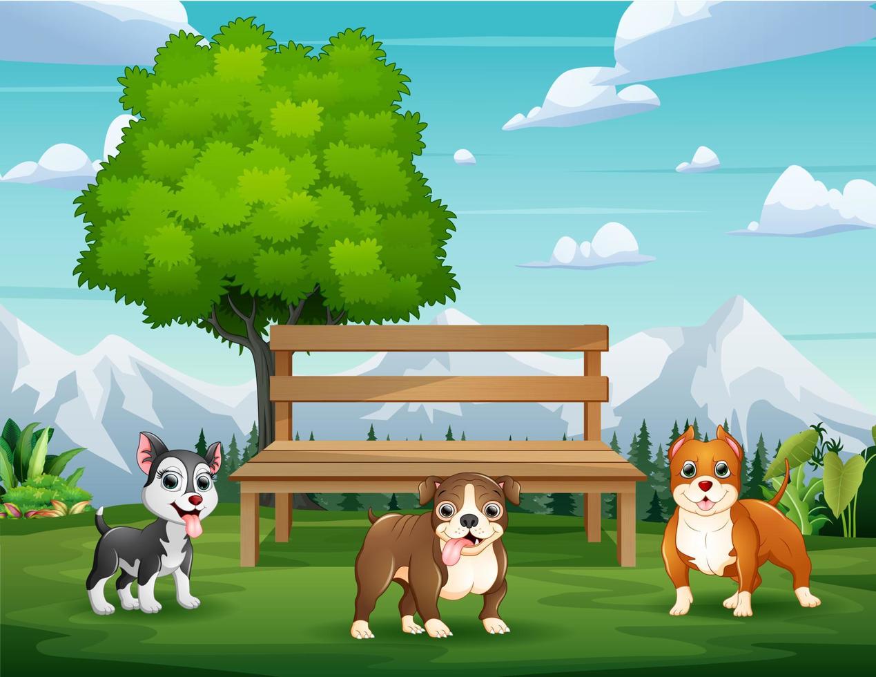 dibujos animados de perros en el paisaje del parque vector