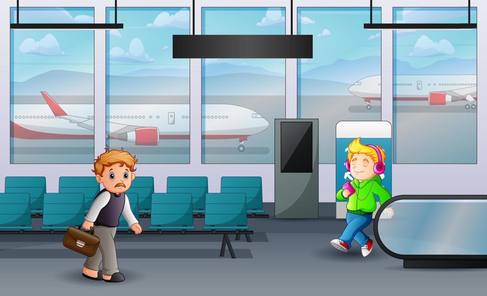 Cartoon illustration of people at airport terminal vector