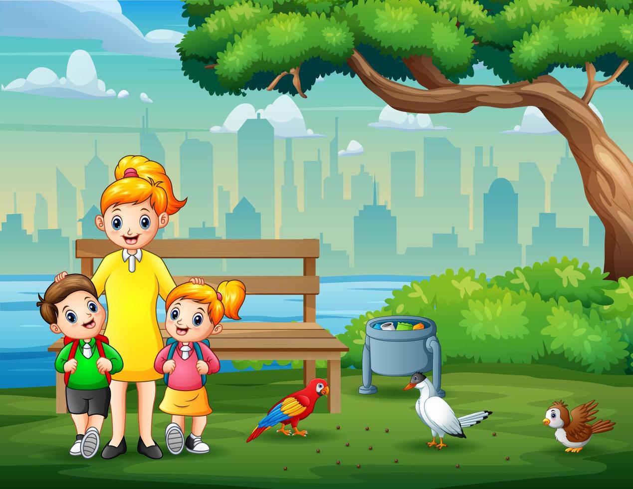 Illustration of a mother and her children in city park vector