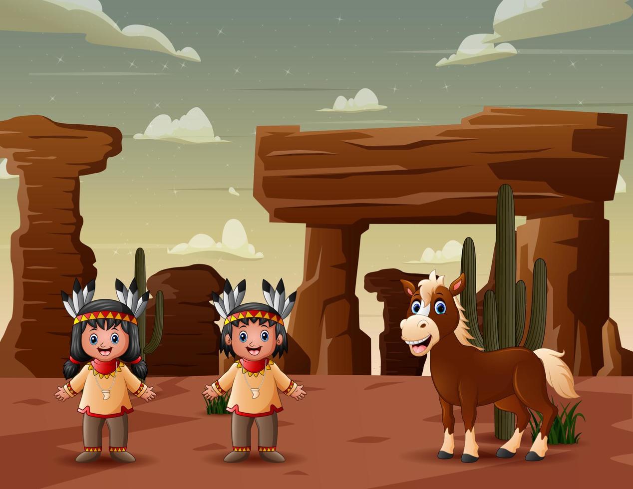 niños indios nativos americanos con un caballo en el desierto vector