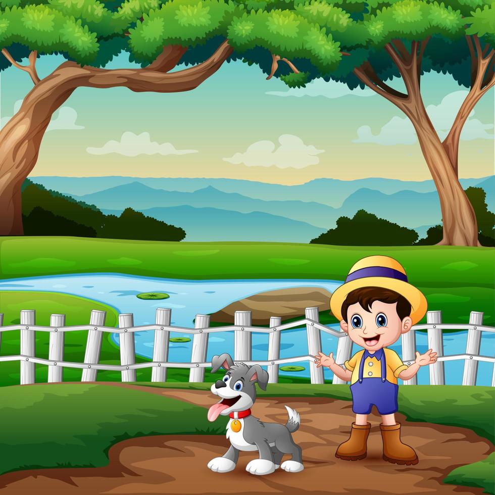Happy young farmer and a dog in the farm vector