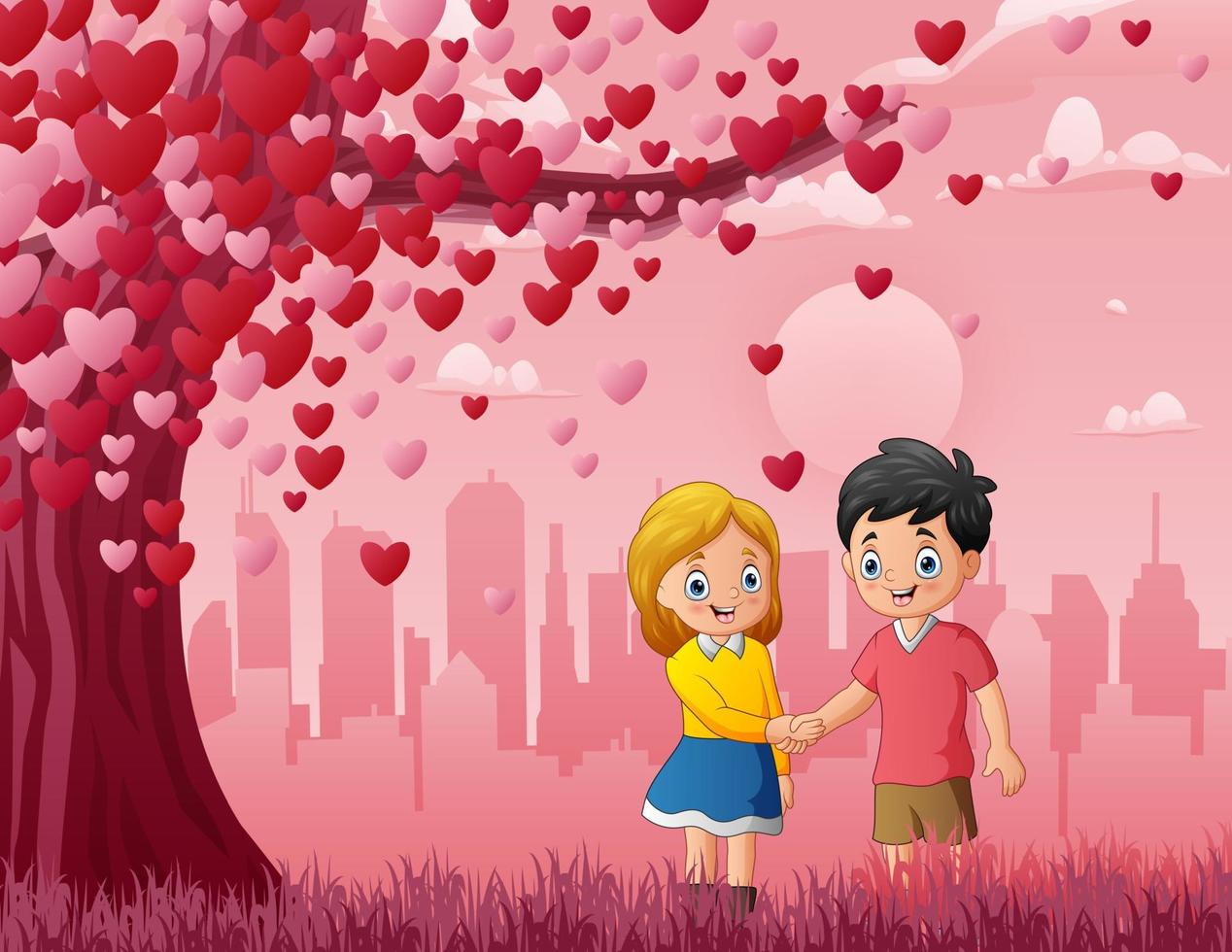 Two enamored under a love tree on pink background vector