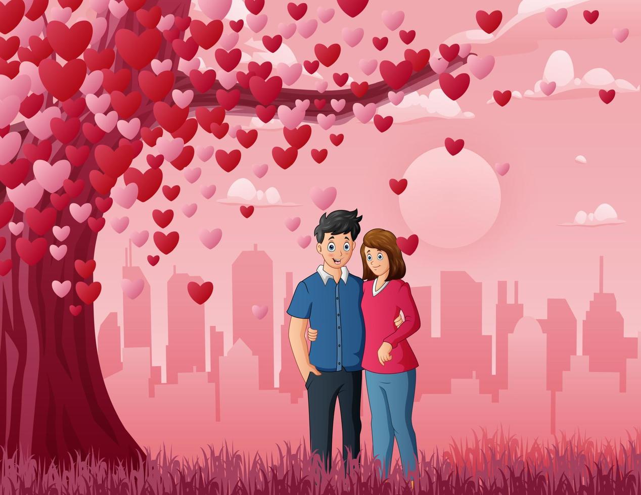 Couple under three of love with heart on pink background vector