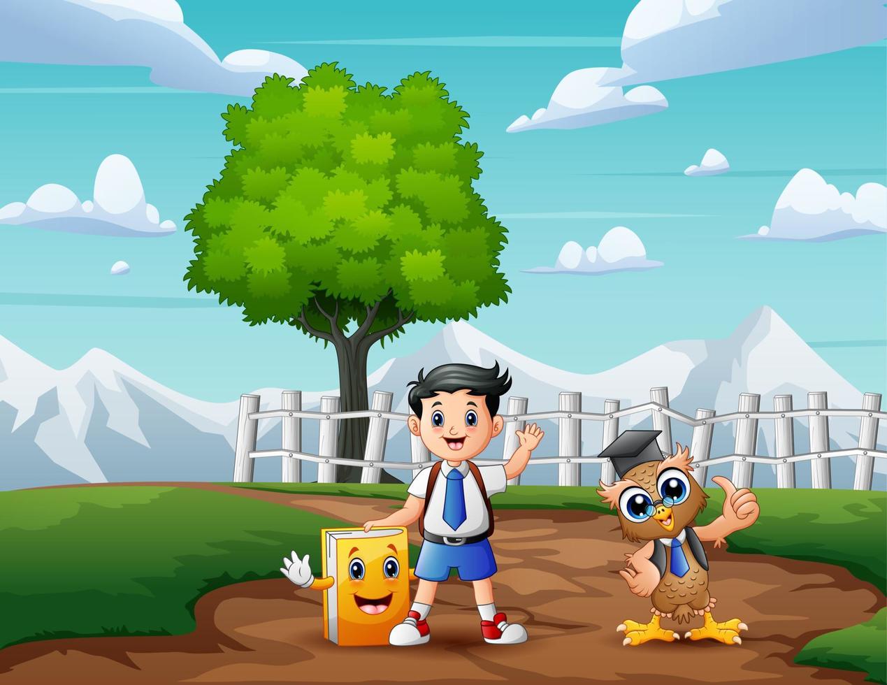 Cartoon a boy in school uniform in the nature vector