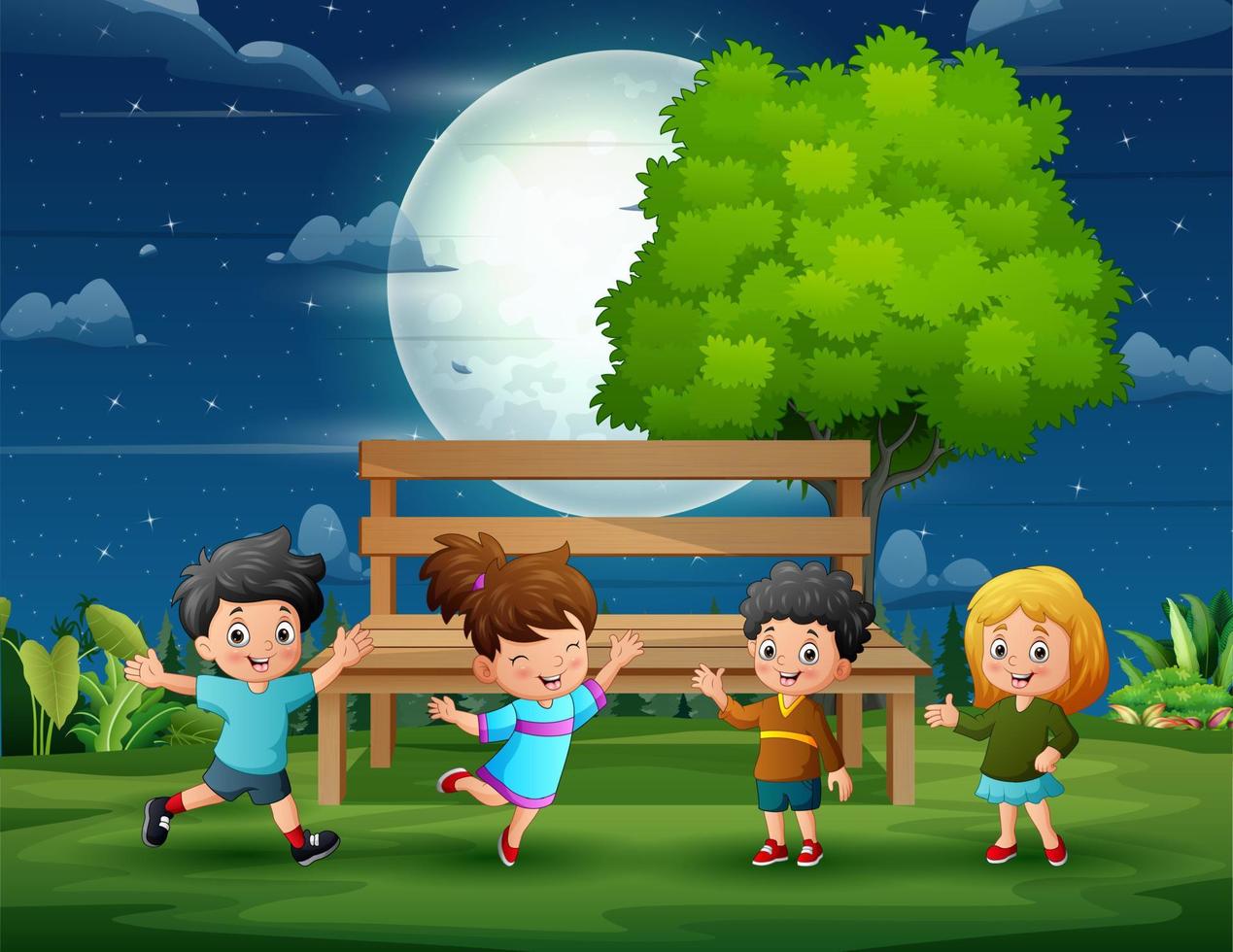 Funny children playing in park at night vector