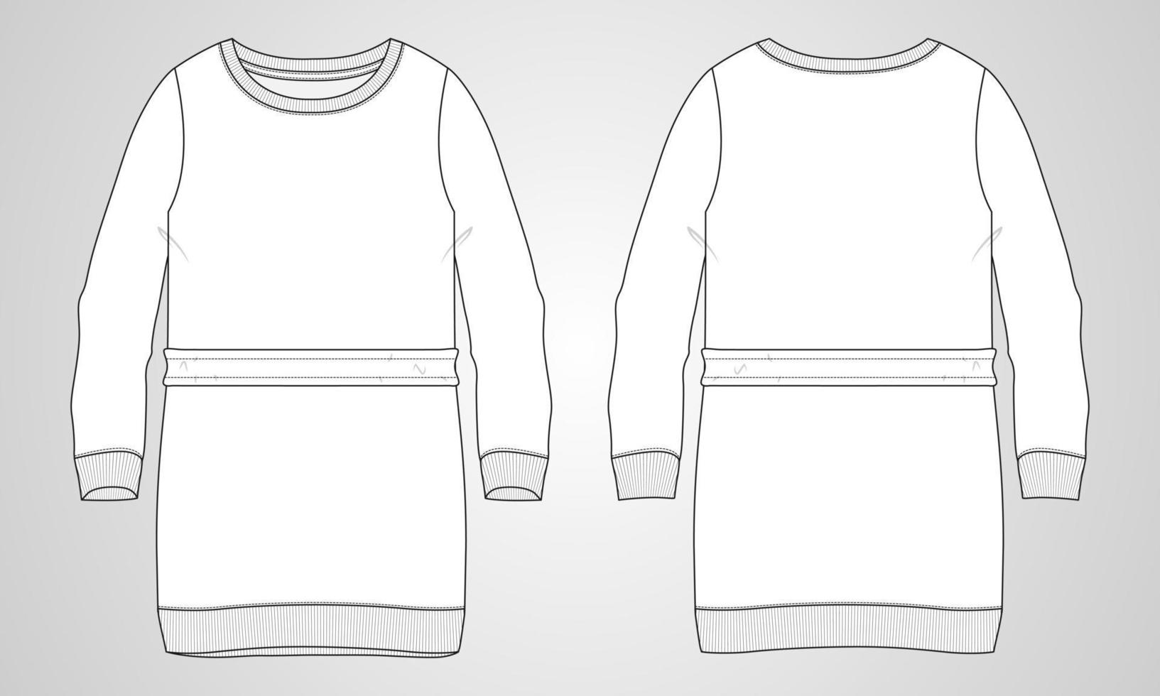 Women's long Oversize Cotton fleece jersey Sweater technical Flat sketch vector illustration template. Apparel sweater Mock up front and back views