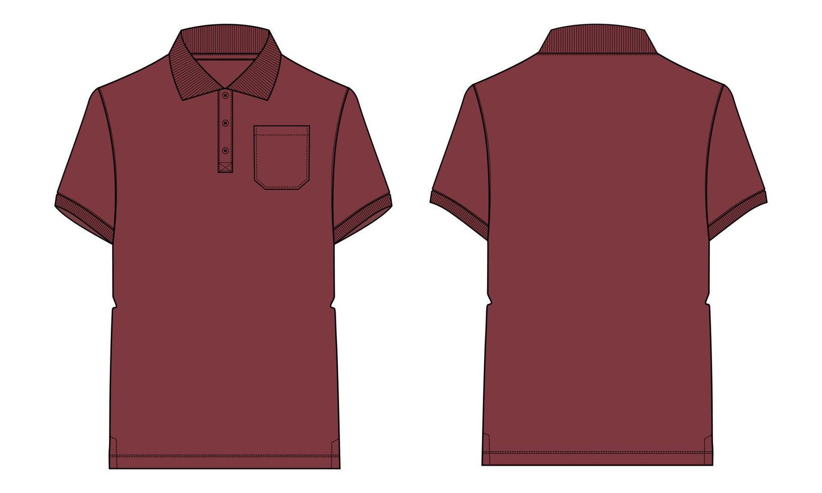Short sleeve polo shirt Technical fashion flat sketch vector illustration Red Color template Front and back views. Apparel Design Mock up. Easy edit and customizable