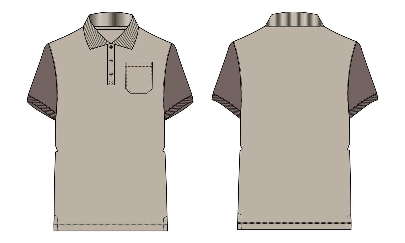 Two tone Color Short sleeve polo shirt Technical fashion flat sketch vector illustration template Front and back views. Apparel Design Mock up. Easy edit and customizable