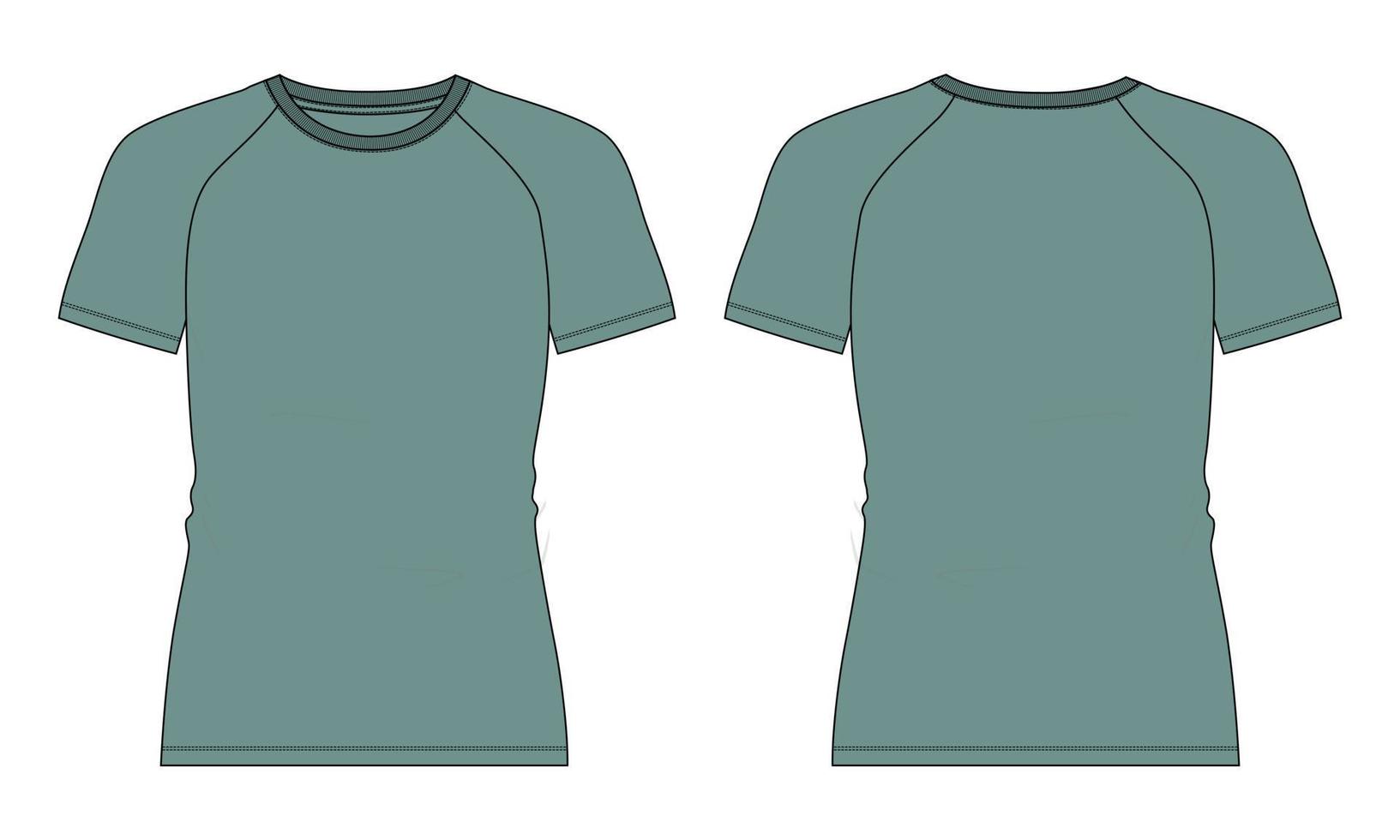 slim fit manga corta camiseta raglán moda técnica dibujo plano vector ilustración plantilla de color verde vistas frontal y posterior aisladas sobre fondo blanco.