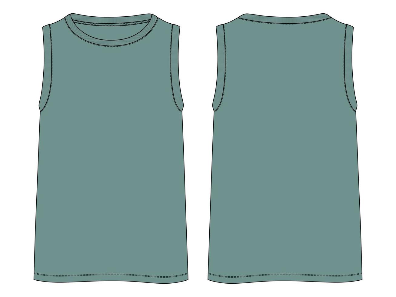 Tank Tops Technical Fashion flat sketch vector illustration Green Color template Front and back views. Apparel tank tops mock up for men's and boys.