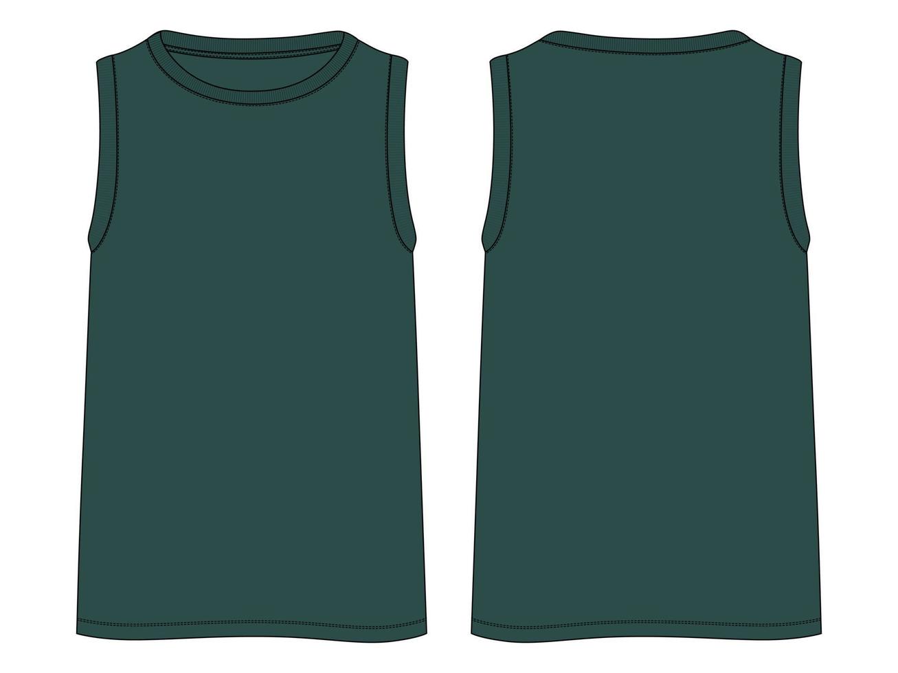 tank tops moda técnica boceto plano ilustración vectorial plantilla de color verde vistas frontal y posterior. camisetas sin mangas de ropa simuladas para hombres y niños. vector