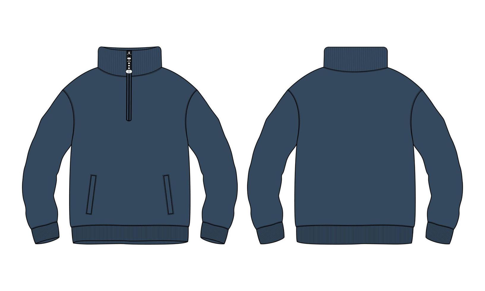 Cotton jersey fleece jacket Sweatshirt technical fashion Flat sketch Vector illustration Navy blue Color template Front and back views. Flat apparel Sweater Jacket mock up Isolated on White
