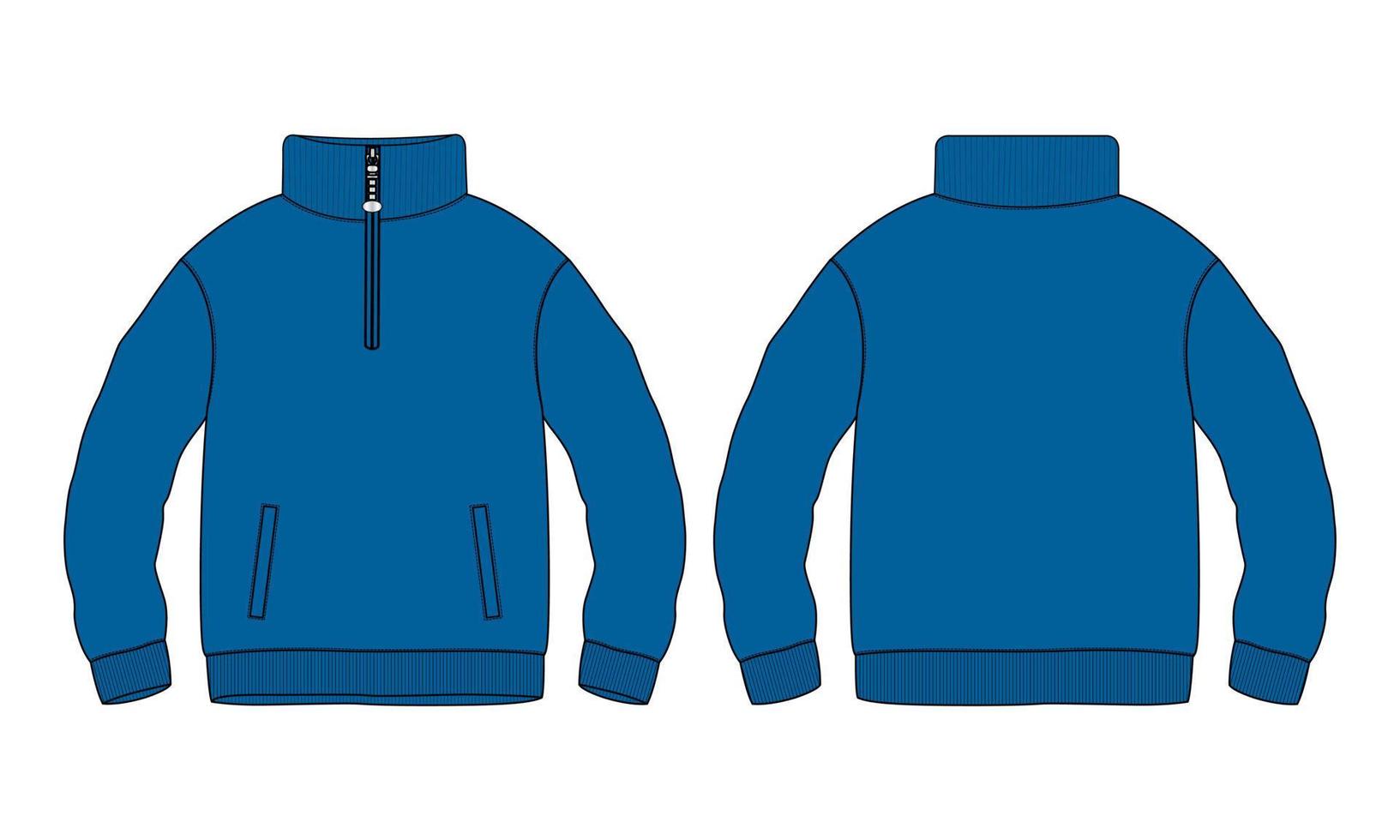 Cotton jersey fleece jacket Sweatshirt technical fashion Flat sketch Vector illustration blue Color template Front and back views. Flat apparel Sweater Jacket mock up Isolated on White background.