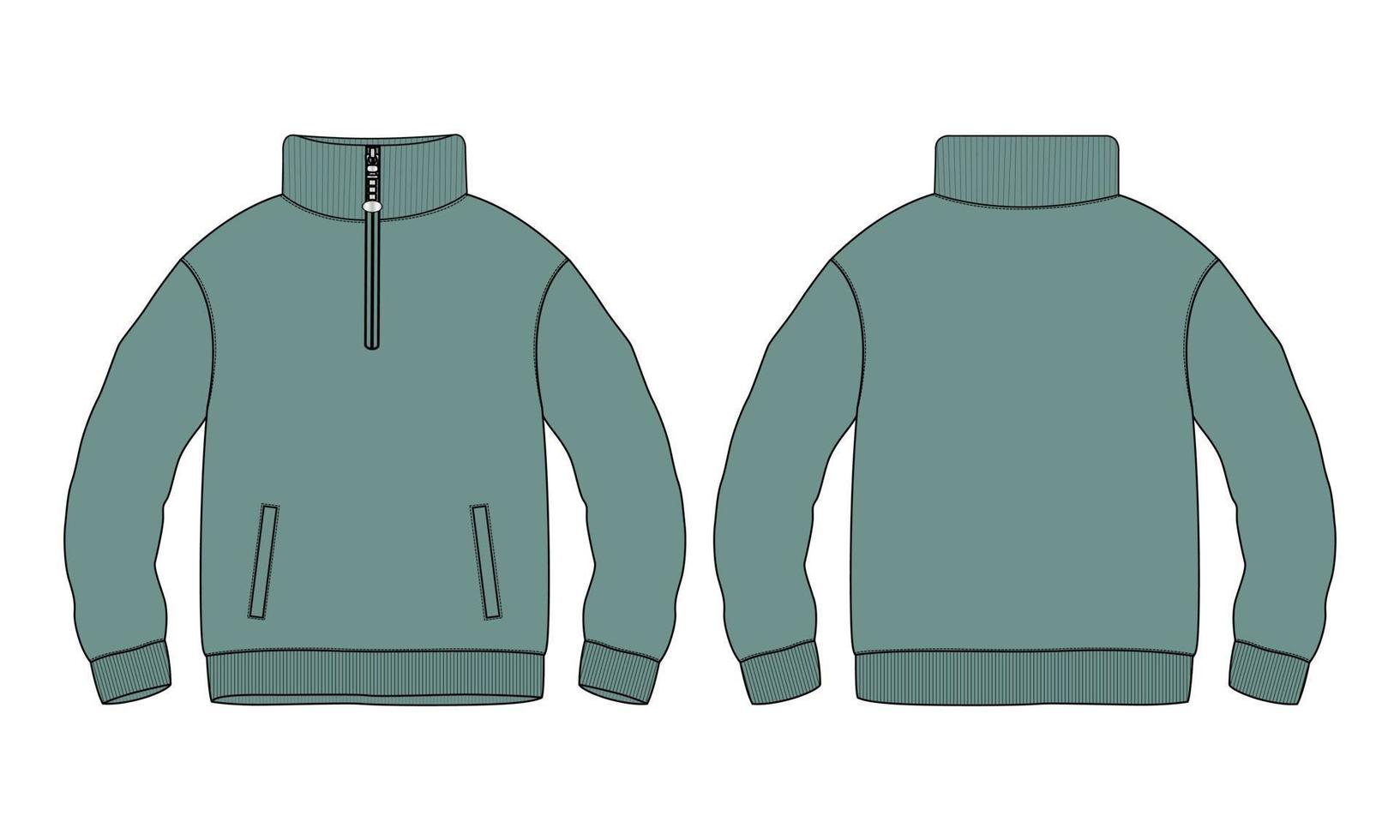 Cotton jersey fleece jacket Sweatshirt technical fashion Flat sketch Vector illustration Green Color template Front and back views. Flat apparel Sweater Jacket mock up Isolated on White background.