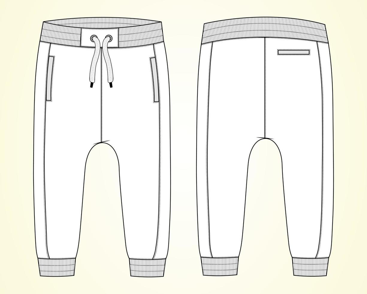 jersey de algodón polar básico pantalón de chándal moda técnica plantilla de boceto plano vistas frontal y posterior. prendas de vestir jogger pants ilustración vectorial maqueta para niños y niños. vector