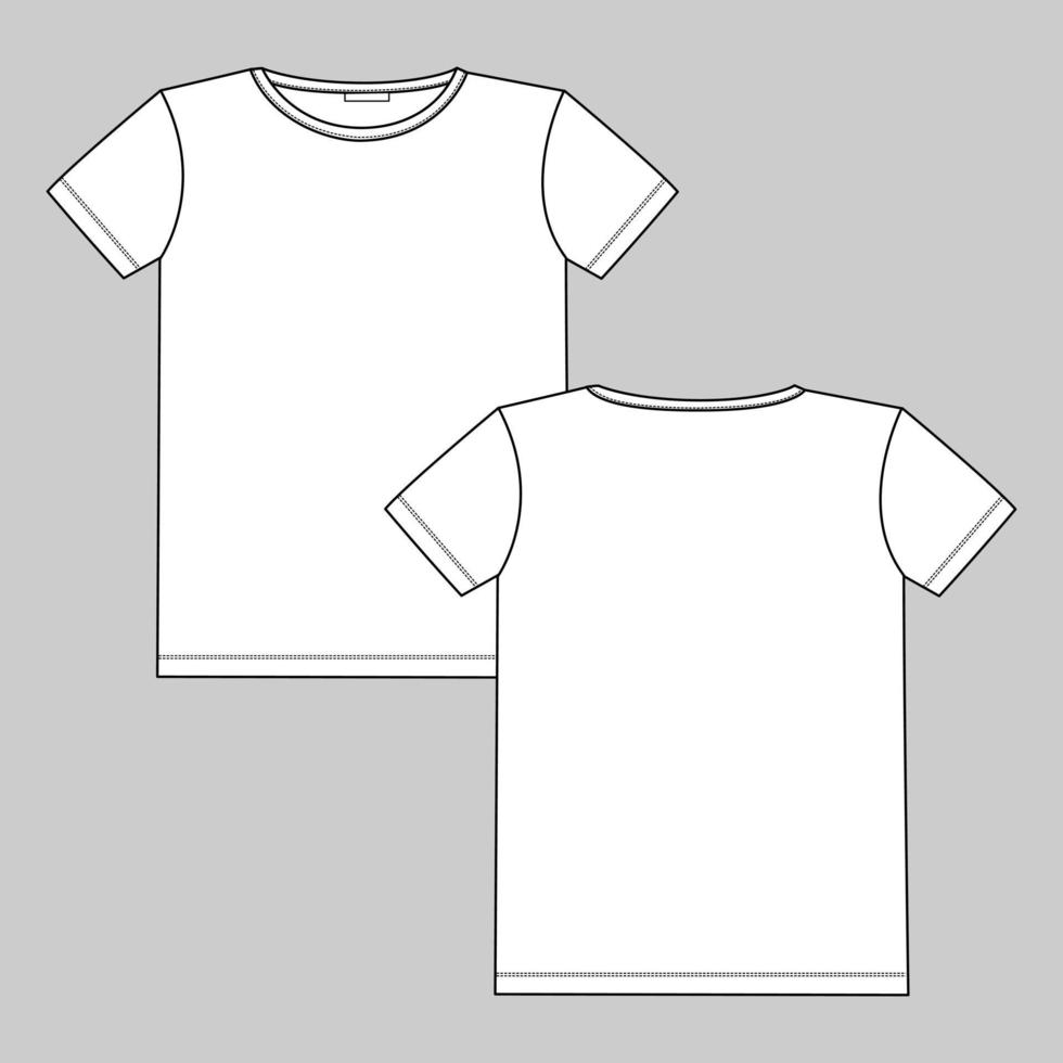 plantilla de moda de boceto técnico de camiseta de manga corta para mujeres y niñas. ilustración de arte vectorial ropa simulada en la parte delantera, vista trasera. edición fácil personalizable vector