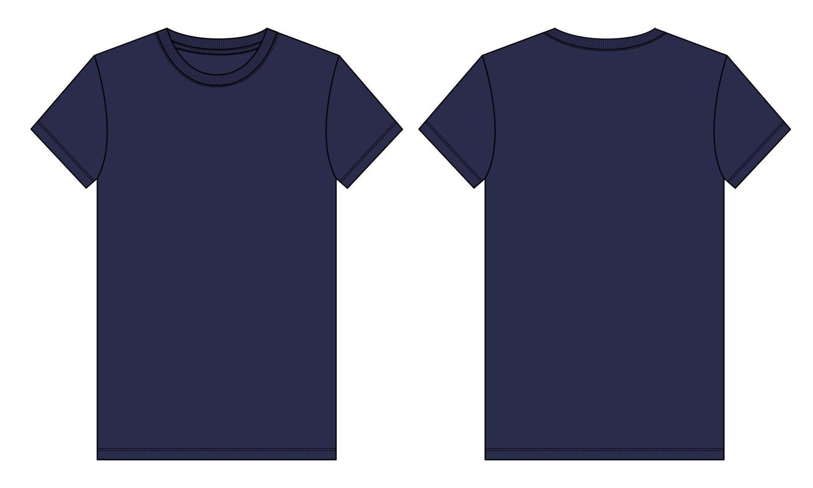 Short sleeve T shirt technical fashion Flat Sketch Navy color Template. Vector illustration basic apparel design front and Back view. Easy edit and customizable.