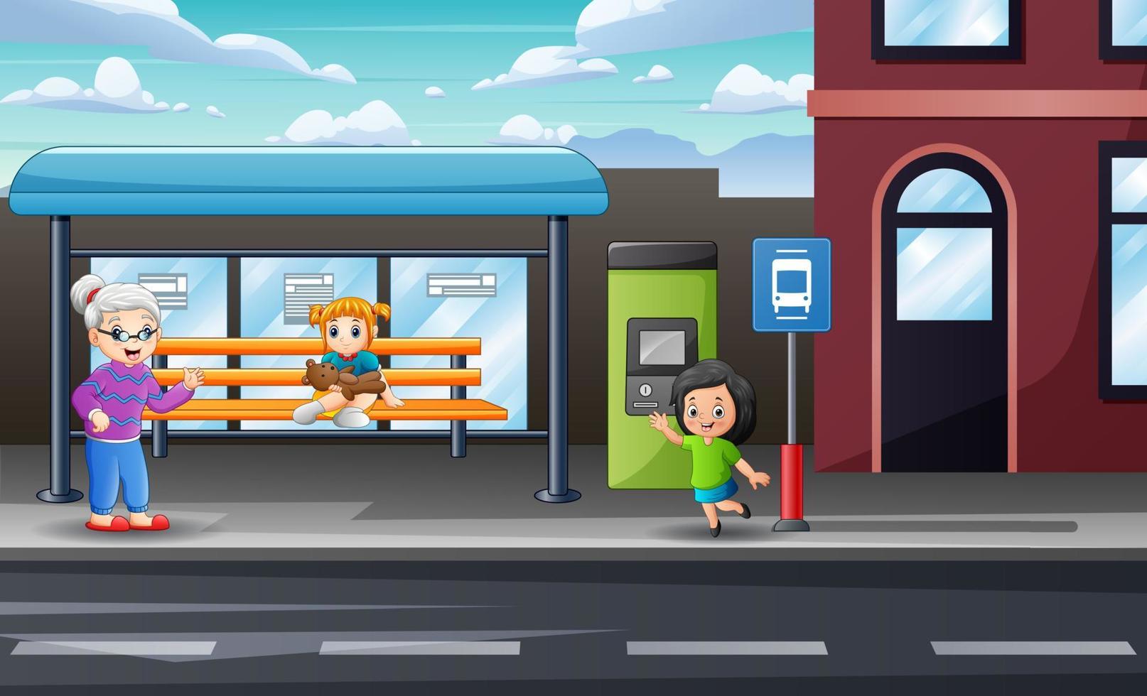 Happy people at the bus stop illustration vector