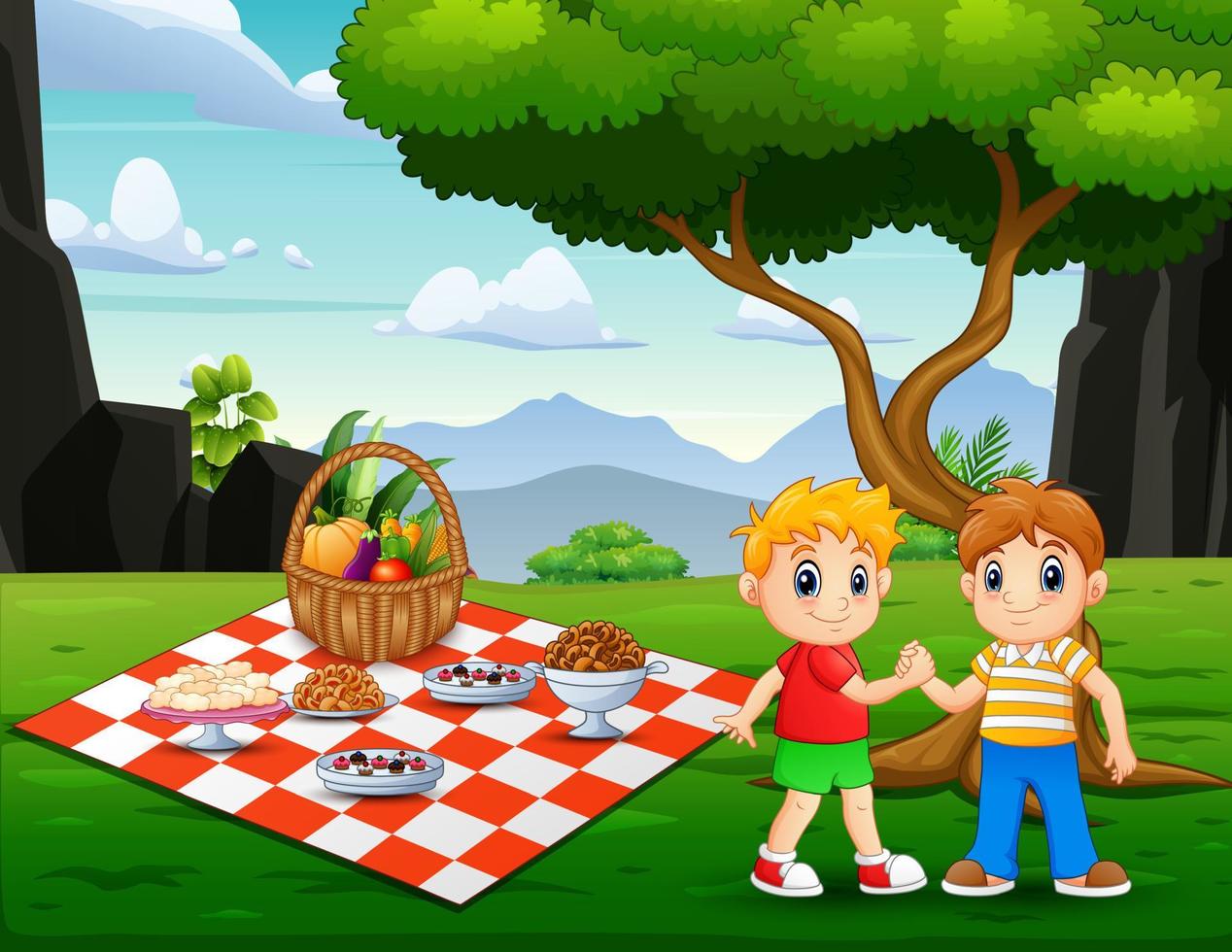 Cartoon of two boys having a picnic in the park vector