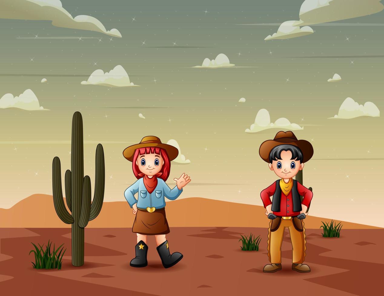 ilustración de dibujos animados un vaquero y una vaquera en el desierto vector