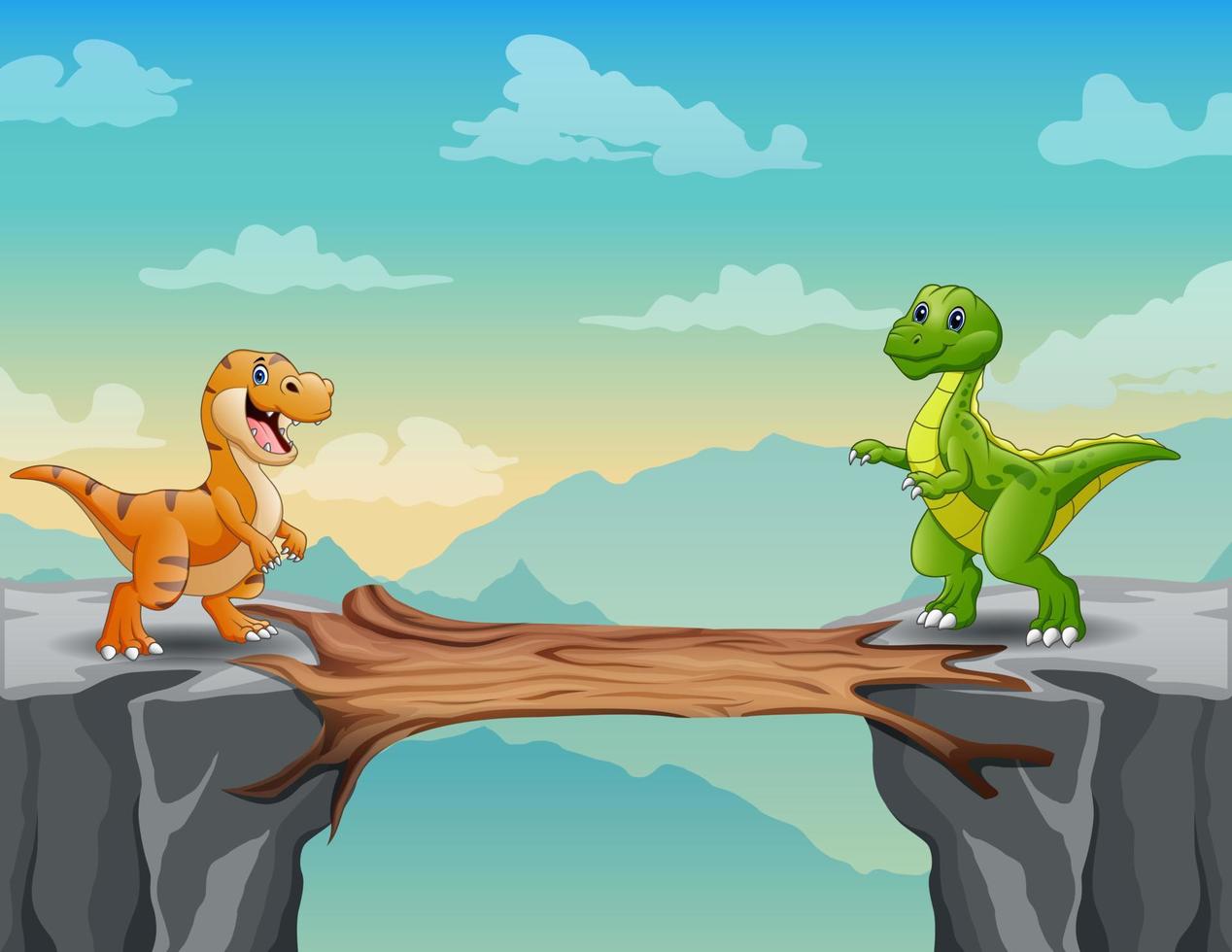 Cartoon illustration of dinosaurs on a cliff vector