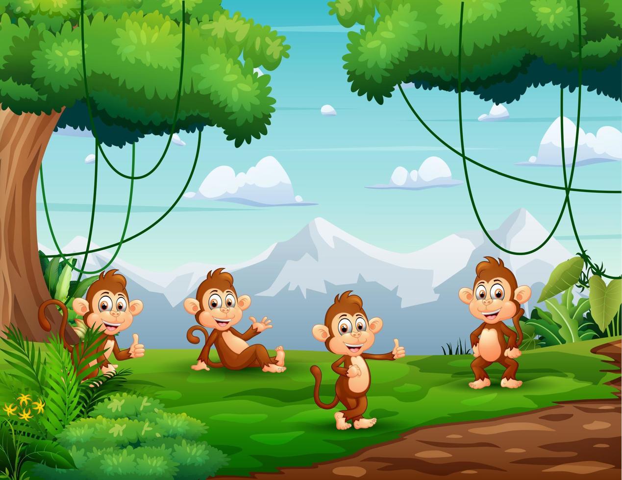 Cartoon illustration of monkeys enjoy at nature vector
