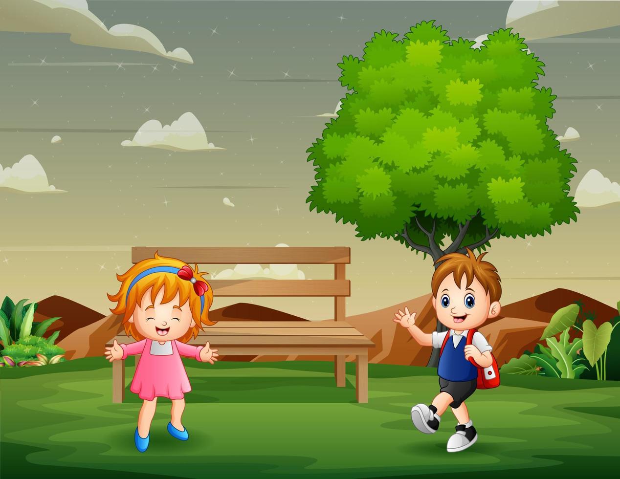 Cartoon boy meeting with his friend in the park vector