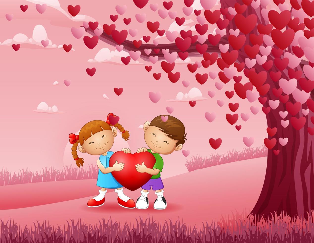 Smiling kids holding red heart with pink background vector