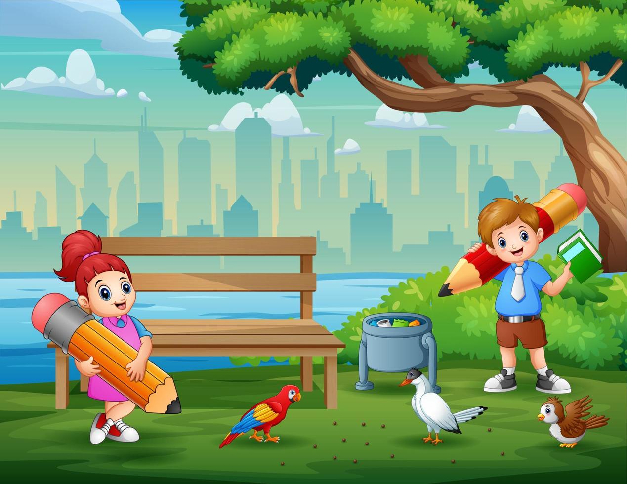 Happy school children holding pencil in the park vector