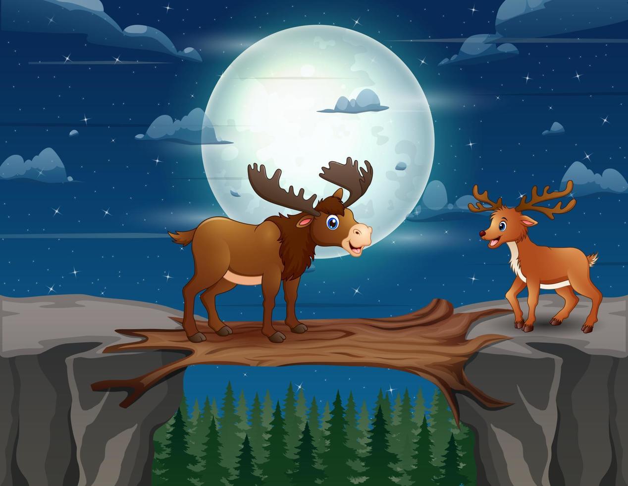 Cartoon deer with cubs taking turns crossing a wooden bridge over a cliff vector