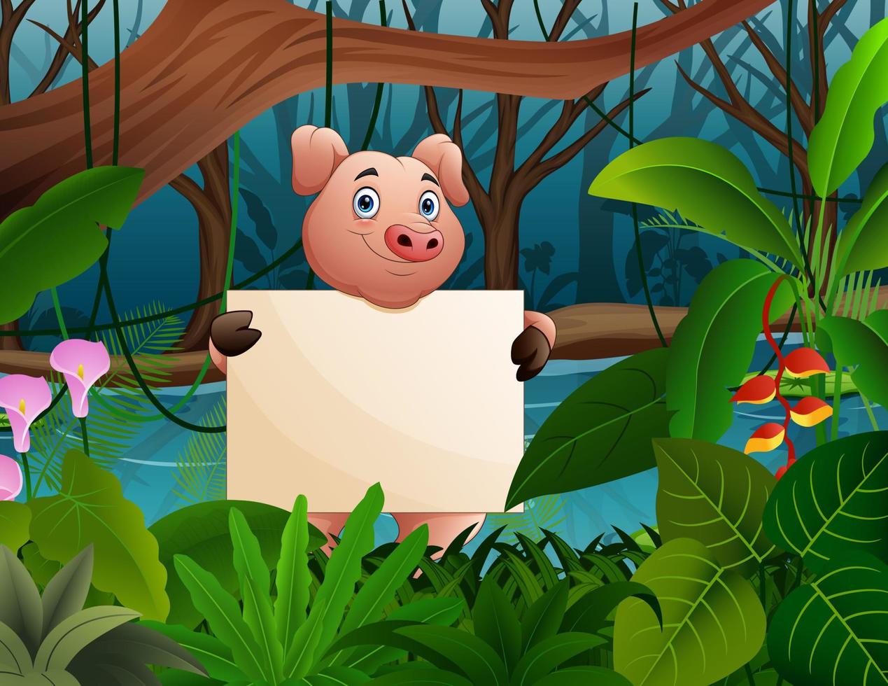 Cute pig cartoon holding a blank sign in a forest background vector