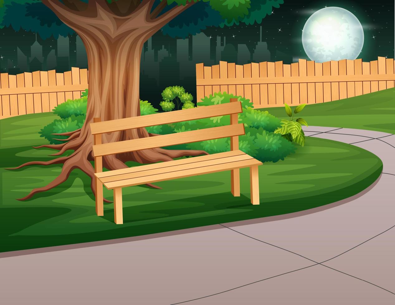 un banco de madera en el parque en el paisaje nocturno vector