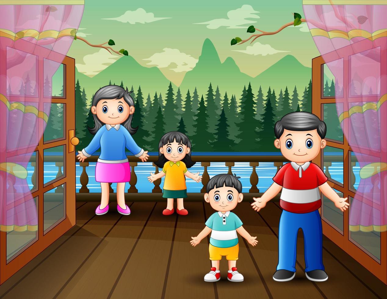 Cartoon happy family on the porch illustration vector