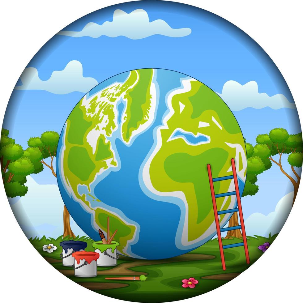 Cartoon earth with stairs and paint in circular frame vector