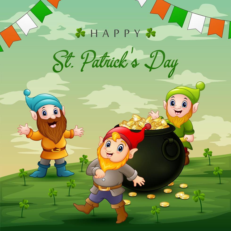 Happy St Patrick's Day background with dwarfs and a pot of gold 7159635  Vector Art at Vecteezy