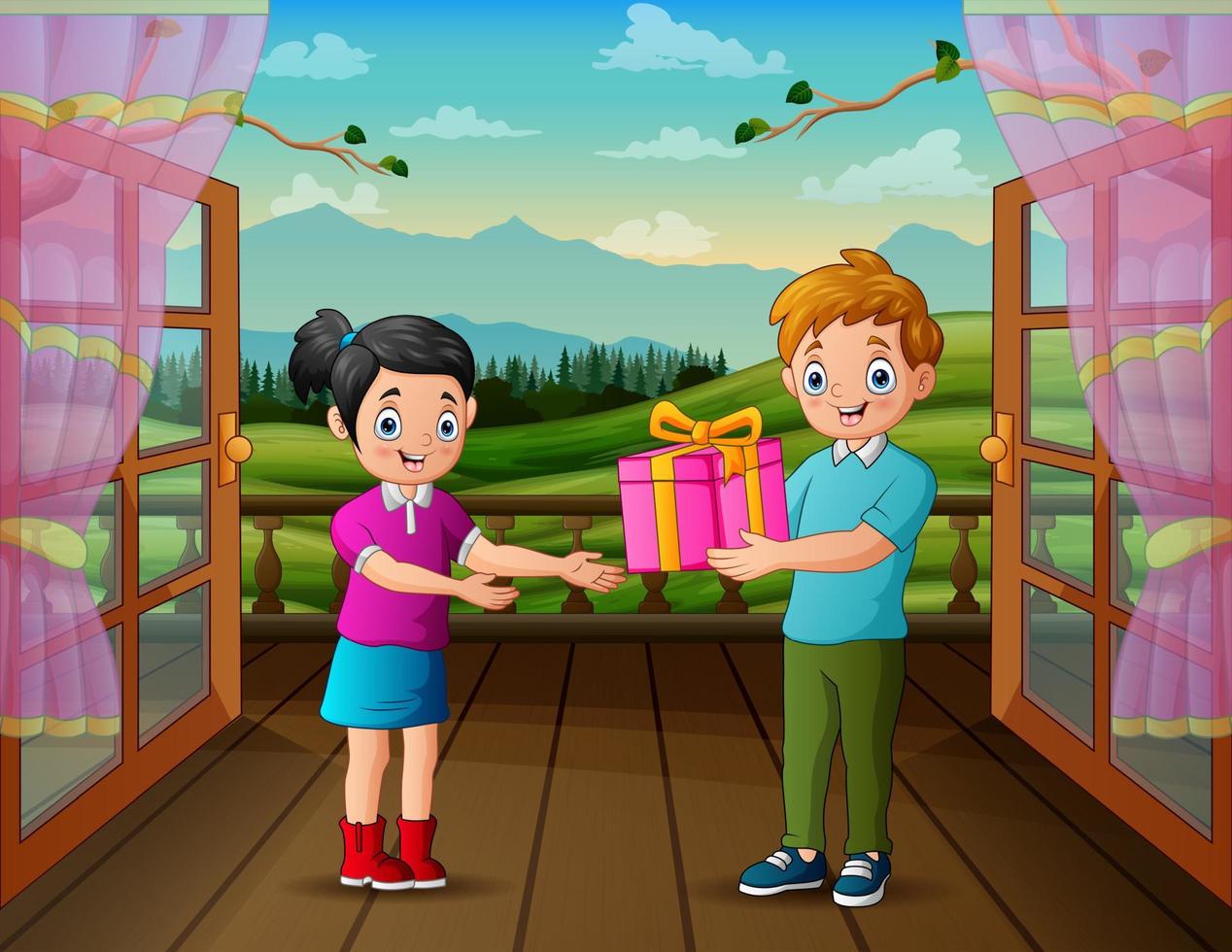 Romantic boy giving a gift to his girlfriend vector