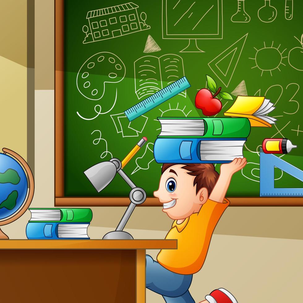 Cartoon boy running and carrying a school supplies to class vector
