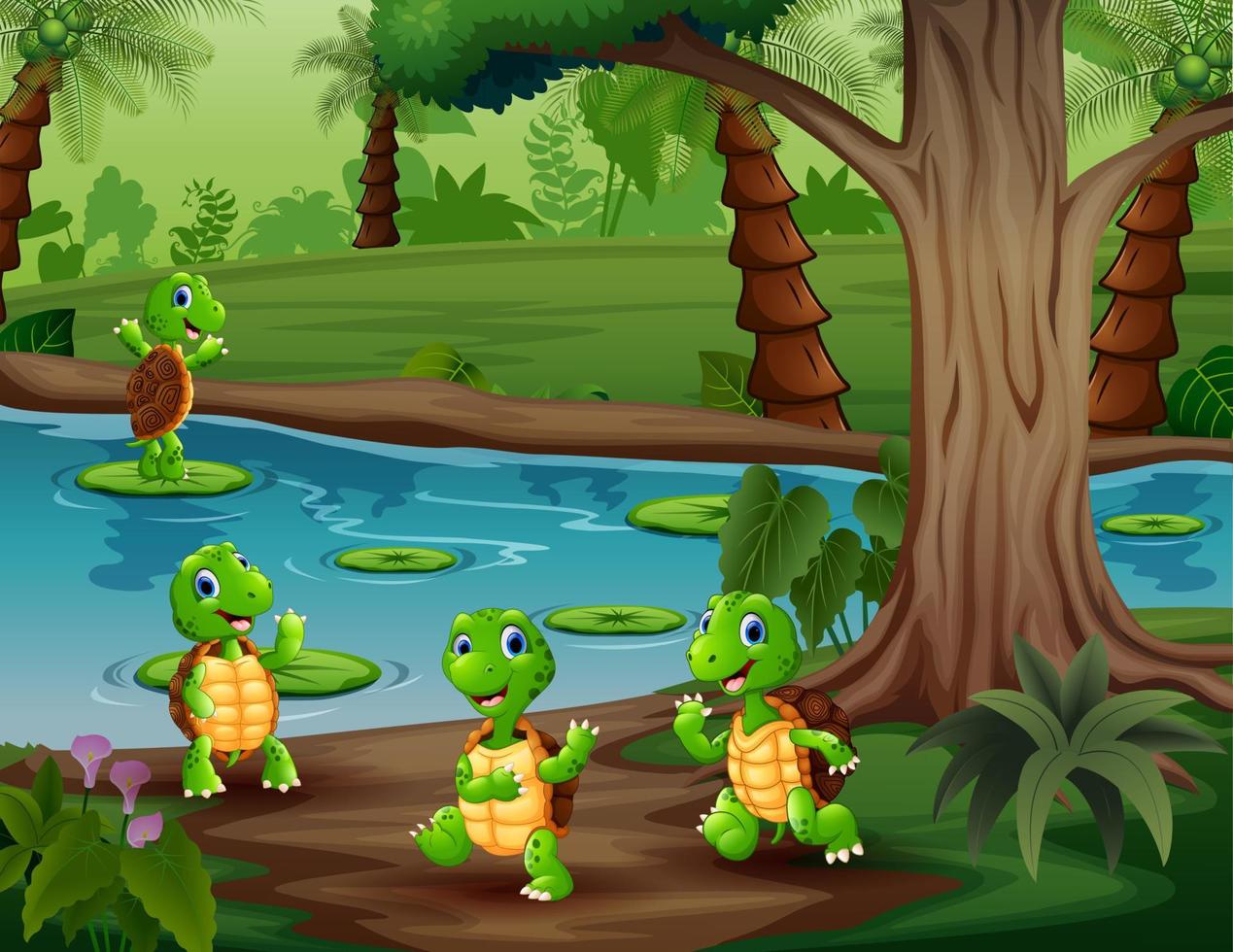 tortugas divertidas jugando en la ilustración del río vector