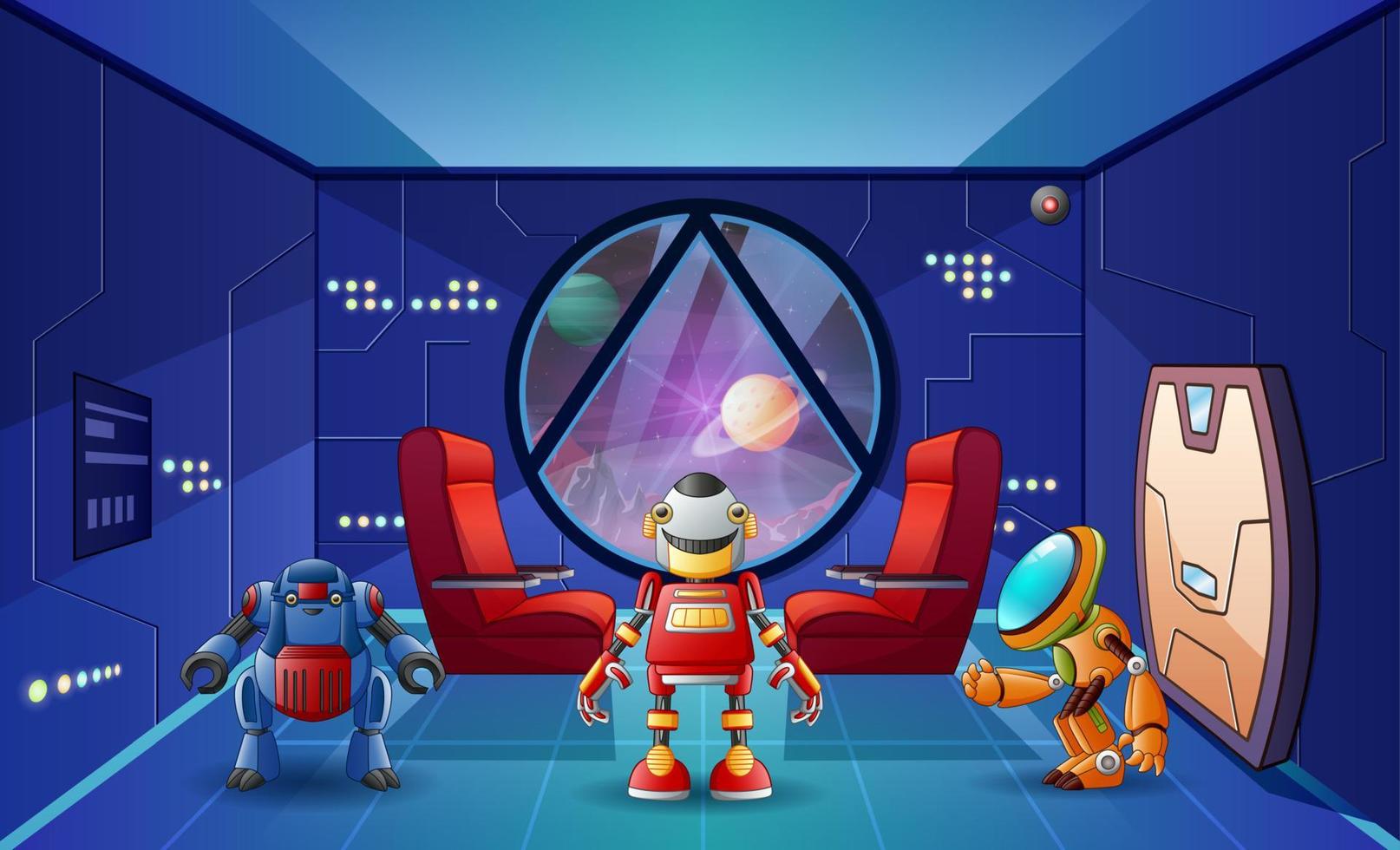 Cartoon illustration of the robots in spaceship vector