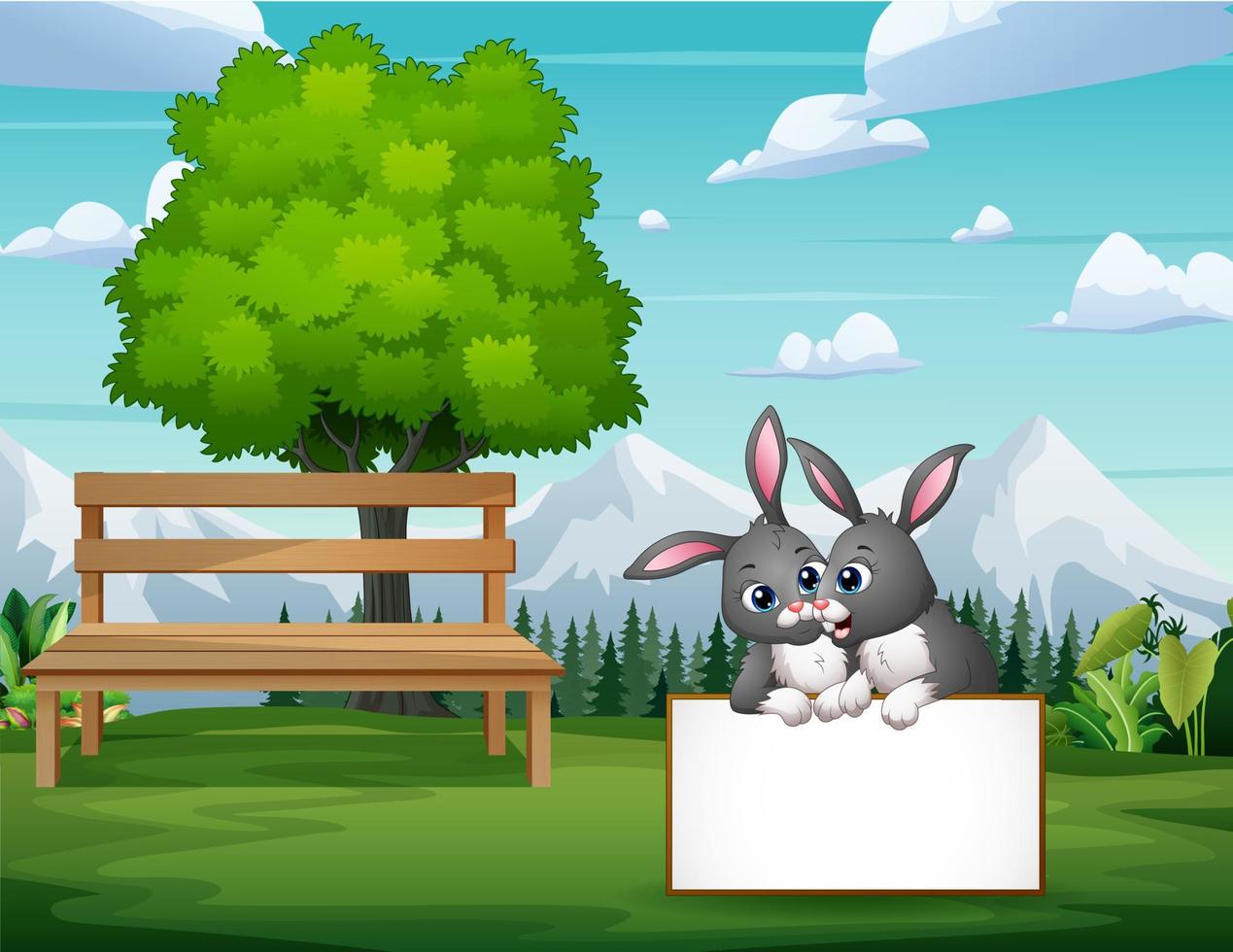 ilustración de dibujos animados de conejitos con cartel en blanco en el parque vector