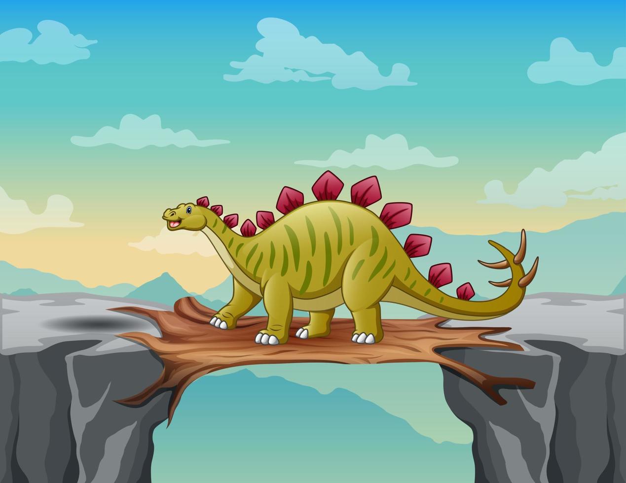 Cartoon a stegosaurus crossing wooden bridge over a cliff vector