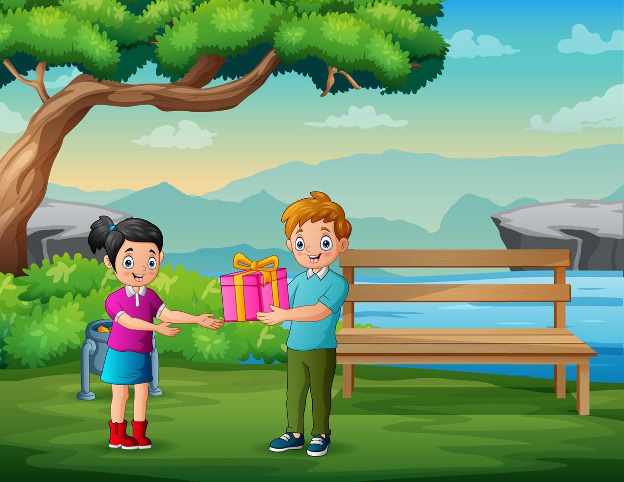 Cartoon happy boy giving a gift to his girlfriend vector