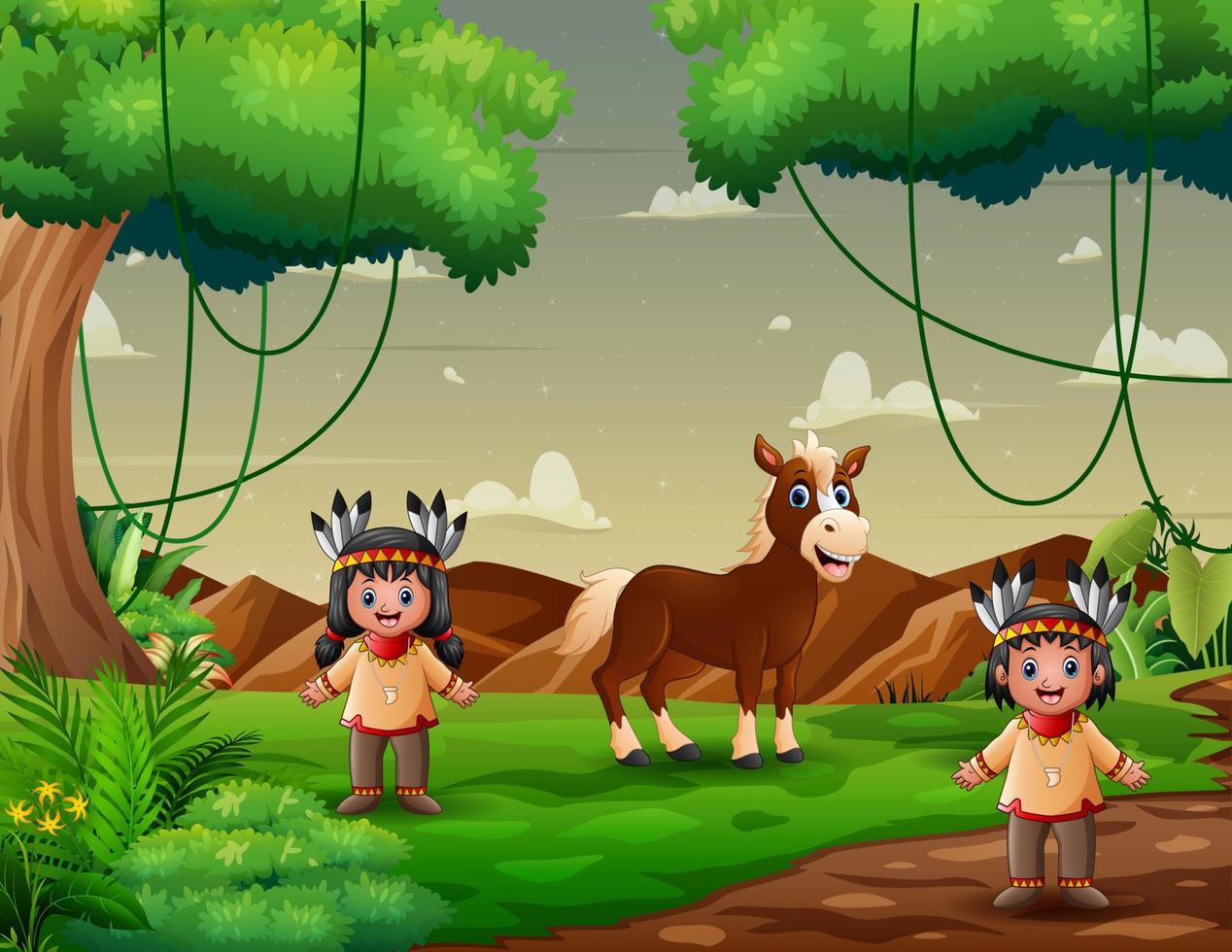 Native american indian kids with a horse in the green field vector