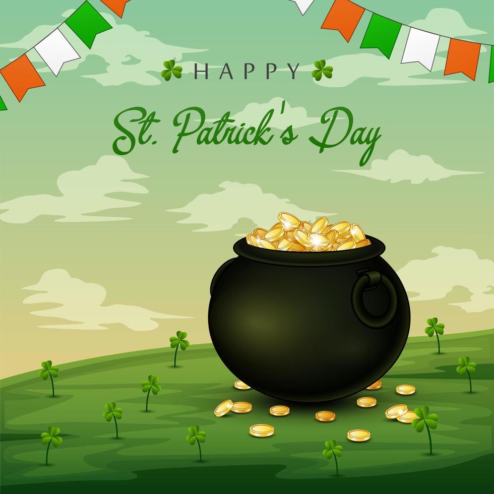 Happy St. Patrick's Day with a black pot full of gold coins vector