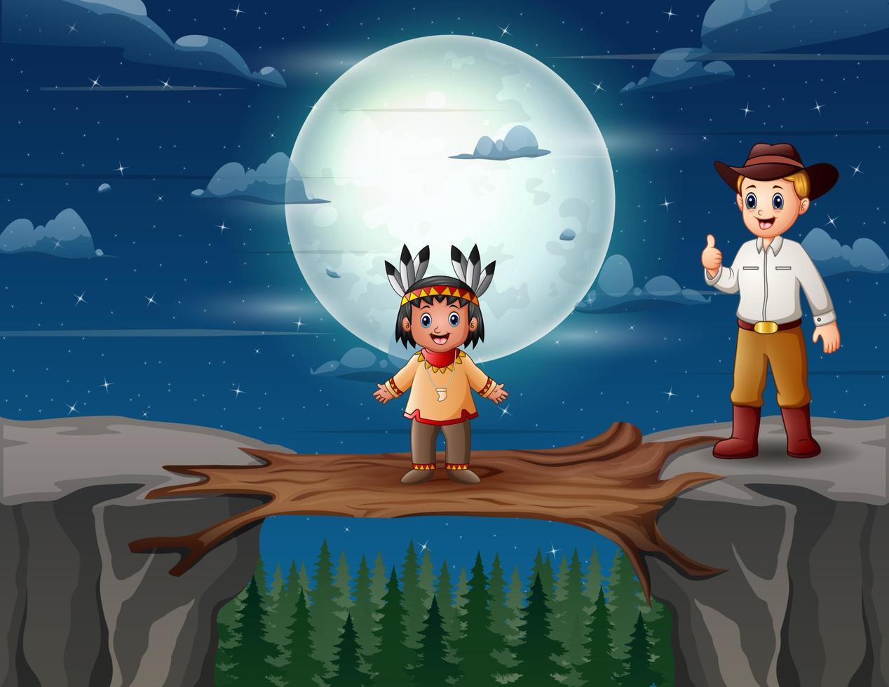 Cartoon native indian boy and a cowboy on the cliff at night vector