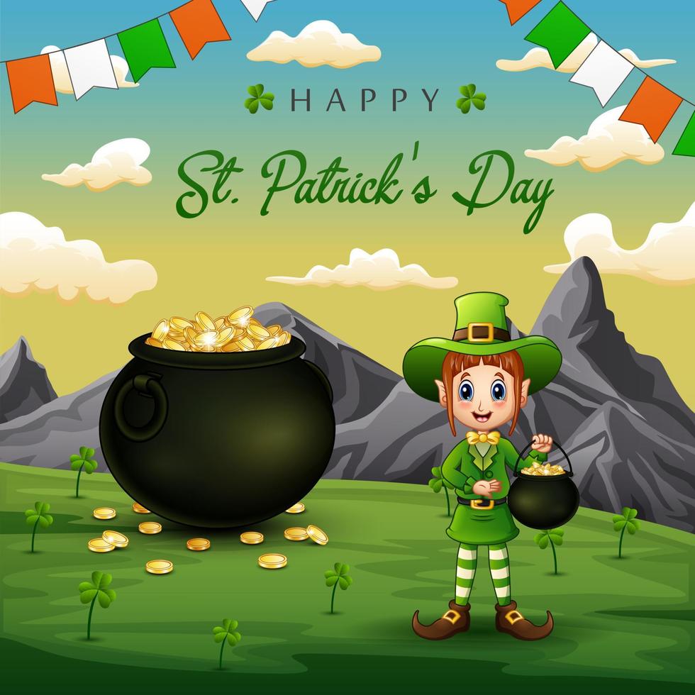 Happy St Patrick's Day background with a Leprechaun holding a pot of gold coins vector