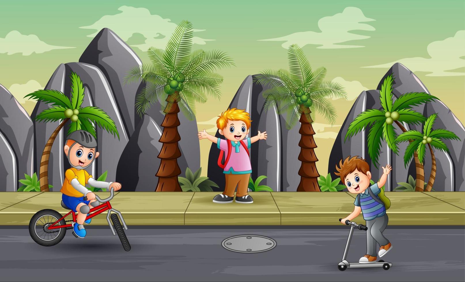 Cartoon boys doing activities on the street vector